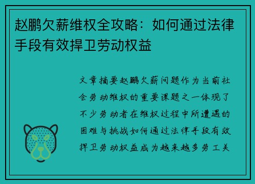 赵鹏欠薪维权全攻略：如何通过法律手段有效捍卫劳动权益