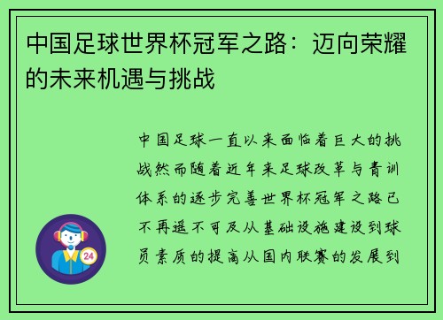 中国足球世界杯冠军之路：迈向荣耀的未来机遇与挑战