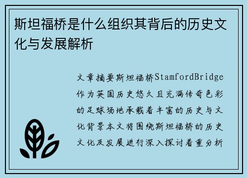 斯坦福桥是什么组织其背后的历史文化与发展解析
