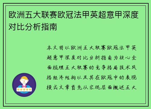 欧洲五大联赛欧冠法甲英超意甲深度对比分析指南