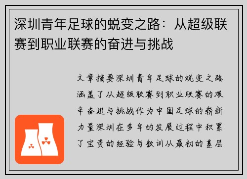 深圳青年足球的蜕变之路:从超级联赛到职业联赛的奋进与挑战 深圳青年足球的蜕变之路:从超级联赛到职业联赛的奋进与挑战